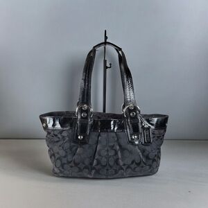 GUC -Coach Monogram Logo Shoulder Bag Black Jacquard Canvas Double Strap Handbag